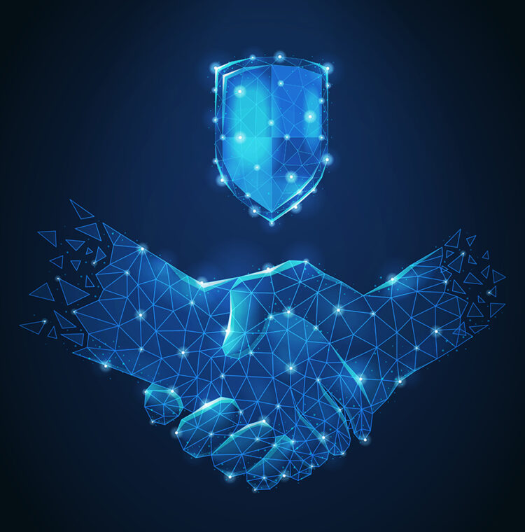Polygonal wireframe handshake abstract blue composition as symbol friendship and business partnership vector illustration