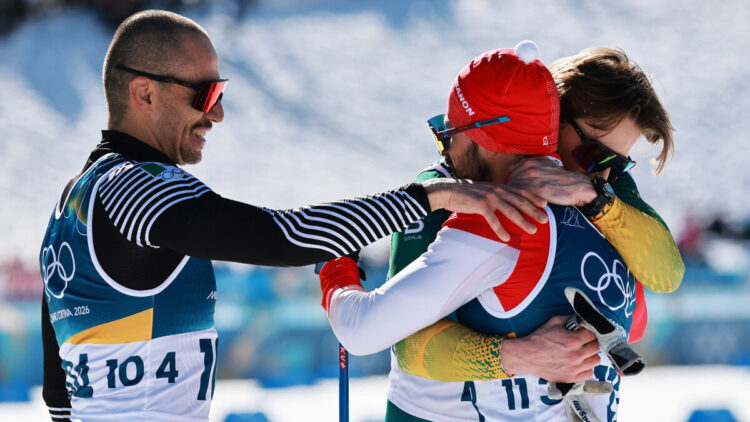 Milano Cortina 2026 Olympics - Cross-Country Skiing - Men's 10km Interval Start Free - Tesero Cross-Country Skiing Stadium, Lago, Italy - February 13, 2026. Matthew Smith of South Africa, Allan Corona of Mexico and Samer Tawk of Lebanon react after finishing REUTERS/Stephanie Lecocq
