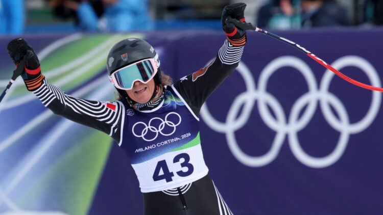 Milano Cortina 2026 Olympics - Alpine Skiing - Women's Super-G - Tofane Alpine Skiing Centre, Belluno, Italy - February 12, 2026. Sarah Schleper of Mexico reacts after her run during Women's Super-G. REUTERS/Leonhard Foeger