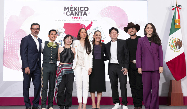 Cuauhtémoc, Ciudad de México. 11 de mayo 2026. La presidenta constitucional de los Estados Unidos Mexicanos, la Doctora Claudia Sheinbaum Pardo en conferencia de prensa matutina en el salón de la Tesorería de Palacio Nacional. La acompañan: Iván Escalante, Procurador Federal del Consumidor (Profeco); Claudia Curiel de Icaza, secretaria de Cultura; Marco Aguilar; Junior H; Antonio Herrera; Miguel Ángel Trujillo, director del Consejo Mexicano de la Música y Diana Aurora Correa, subdirectora de Diseño Digital y Medios Sociales en la Unidad de Memoria Histórica. Foto: Gabriel Monroy/Presidencia