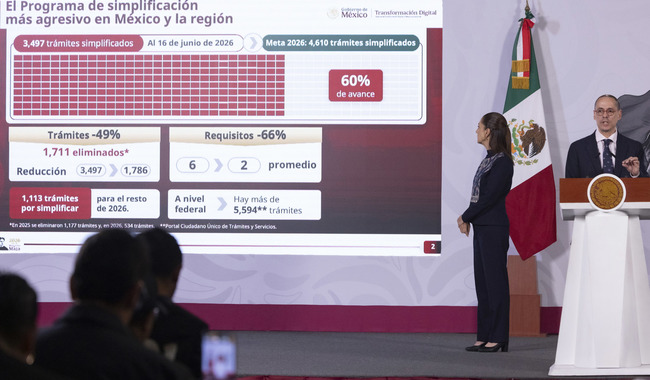 Cuauhtémoc, Ciudad de México, México, 18 de junio de 2026.
La doctora Claudia Sheinbaum Pardo, presidenta Constitucional de los Estados Unidos Mexicanos en conferencia de prensa matutina, “Conferencia del Pueblo” desde el Salón Tesorería de Palacio Nacional. La acompañan José Antonio Peña Merino, secretario de la Agencia de Transformación Digital y Telecomunicaciones y Angélica Noemí Juárez Pérez, Subsecretaria de Educación Básica y encargada de la sección “Mujeres en la Historia”.
Foto: Carlos Ramos Mamahua / Presidencia