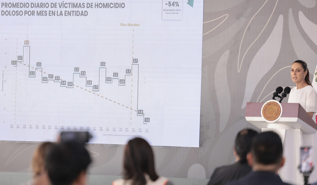 Cuernavaca, Morelos, México, 24 de julio de 2026. 
La doctora Claudia Sheinbaum Pardo, presidenta Constitucional de los Estados Unidos Mexicanos en conferencia de prensa matutina “Mañanera del Pueblo” desde Morelos. La acompañan Margarita González Saravia Calderón, gobernadora Constitucional del Estado de Morelos; Rosa Icela Rodríguez Velázquez, secretaria de Gobernación; Luis Bucio Quiroz, secretario de Seguridad y Protección Ciudadana del Estado de Morelos; Omar García Harfuch, secretario de Seguridad y Protección Ciudadana (SSPC); Fernando Blumenkron Escobar, Fiscal General del Estado de Morelos; Ricardo Trevilla Trejo, secretario de la Defensa Nacional (Sedena); Raymundo Pedro Morales Ángeles, secretario de Marina (Semar); Bulmaro Juárez Pérez, divulgador de lenguas indígenas, presentador de la sección “Suave Patria”; Marcela Figueroa Franco, secretaria ejecutiva del Sistema Nacional de Seguridad Pública y Guillermo Briseño Lobera, comandante de la Guardia Nacional (GN). 
Foto: Gabriel Monroy / Presidencia