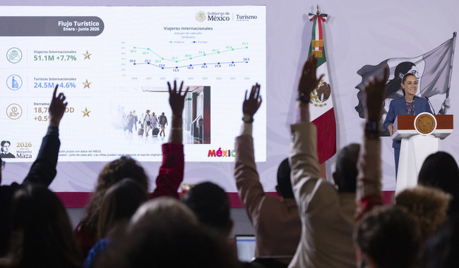 Cuauhtémoc, Ciudad de México, México, 13 de agosto de 2026.
La doctora Claudia Sheinbaum Pardo, presidenta Constitucional de los Estados Unidos Mexicanos en Conferencia de prensa matutina, “Mañanera del Pueblo” en el Salón Tesorería de Palacio Nacional. La acompañan Josefina Rodríguez Zamora, secretaria de Turismo y Noemí Juárez Pérez, subsecretaria de Educación Pública y encargada de la sección “Mujeres en la Historia”.
Foto: Carlos Ramos Mamahua / Presidencia