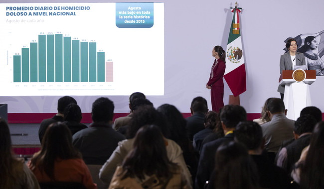 Cuauhtémoc, Ciudad de México. 8 de septiembre 2026. La presidenta constitucional de los Estados Unidos Mexicanos, la Doctora Claudia Sheinbaum Pardo en conferencia de prensa matutina en Palacio Nacional. La acompañan: Rosa Icela Rodríguez Velázquez, secretaria de Gobernación; Omar García Harfuch, secretario de Seguridad y Protección Ciudadana; Ricardo Trevilla Trejo, secretario de la Defensa Nacional;  Raymundo Pedro Morales, secretario de Marina; Marcela Figueroa Franco, secretaria ejecutiva del Sistema Nacional de Seguridad Pública (SESNSP). Foto: Juan Carlos Ramos Mamahua/Presidencia