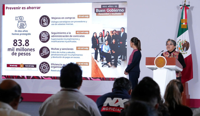 Cuauhtémoc, Ciudad de México. 22 de septiembre 2026. La presidenta constitucional de los Estados Unidos Mexicanos, la Doctora Claudia Sheinbaum Pardo en conferencia de prensa matutina en Palacio Nacional. La acompaña: Raquel Buenrostro, Secretaria Anticorrupción y de Buen Gobierno. Foto: Hazel Cárdenas/Presidencia